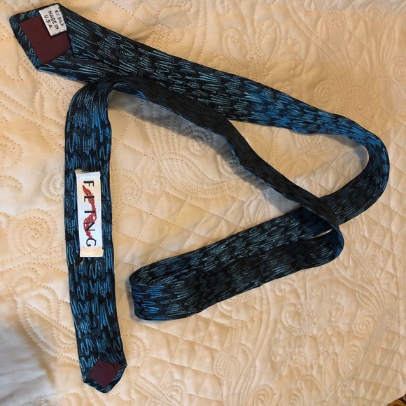 Vintage skinny teal necktie by Fling beautiful abstract retro design Made in USA - Picture 4 of 12